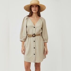 Zara Mini Dress Button Down Puff‎ Sleeve V Neck Casual Tan Small